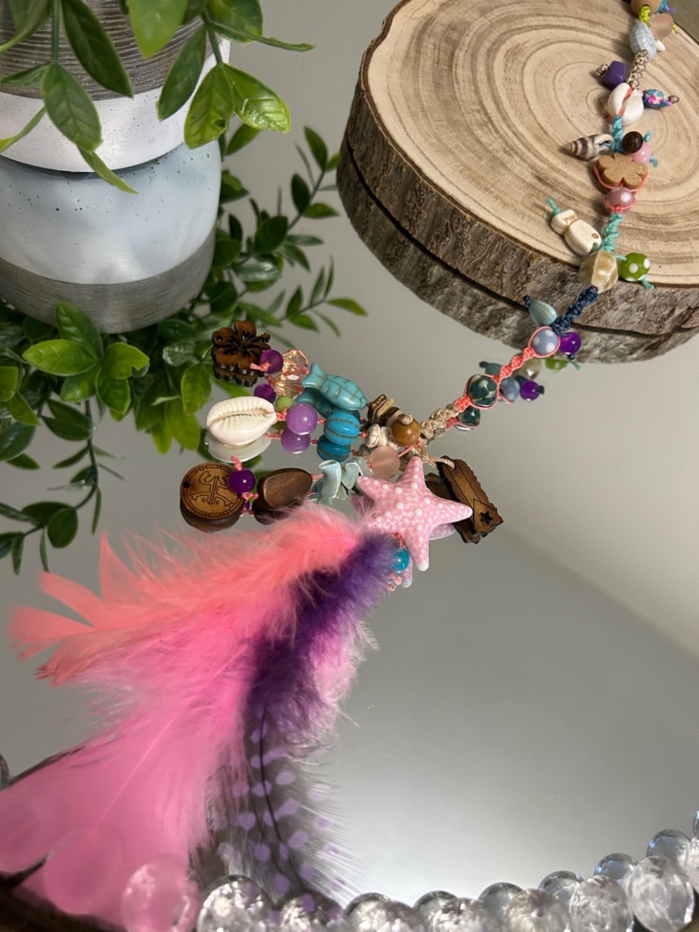 Boho Feather & Shell Necklace with Pink Starfish Charm